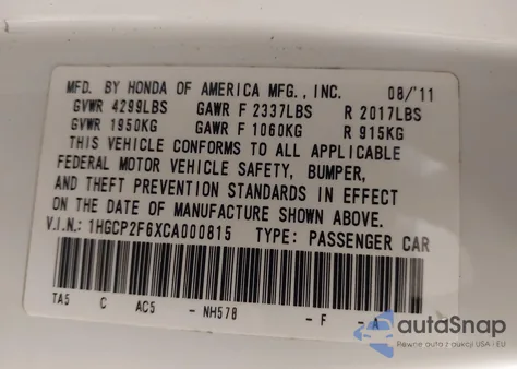 2012 Honda Accord 2.4 Se from USA, damaged, VIN 1HGCP2F6XCA000815